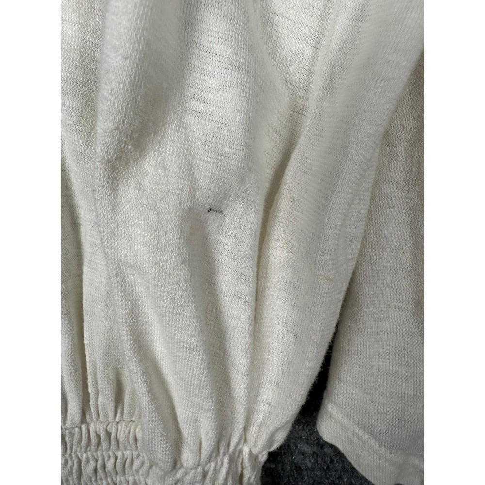 Free People Women Smocked Cuff V Neck Top Medium Boho Slub Knit Ivory White - Picture 8 of 12